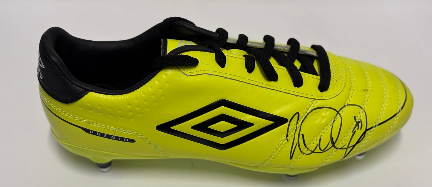 Ian Wright Signed Yellow Umbro Premio Football Boot In Acrylic Case with COA