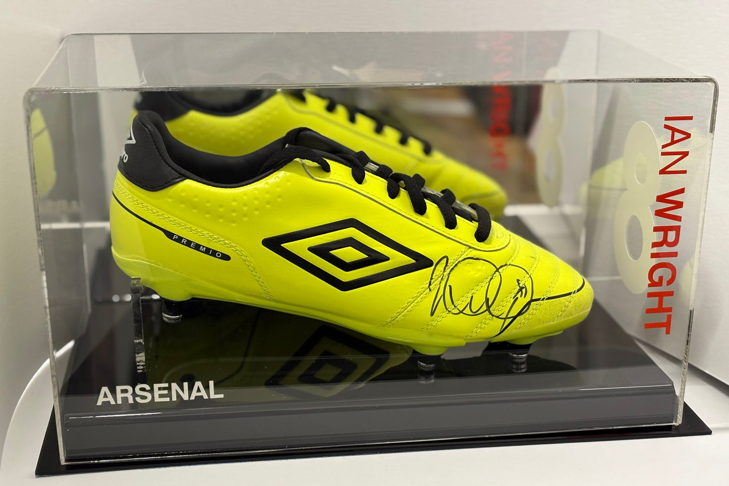 Ian Wright Signed Yellow Umbro Premio Football Boot In Acrylic Case with COA