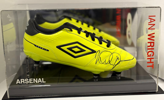 Ian Wright Signed Yellow Umbro Premio Football Boot In Acrylic Case with COA