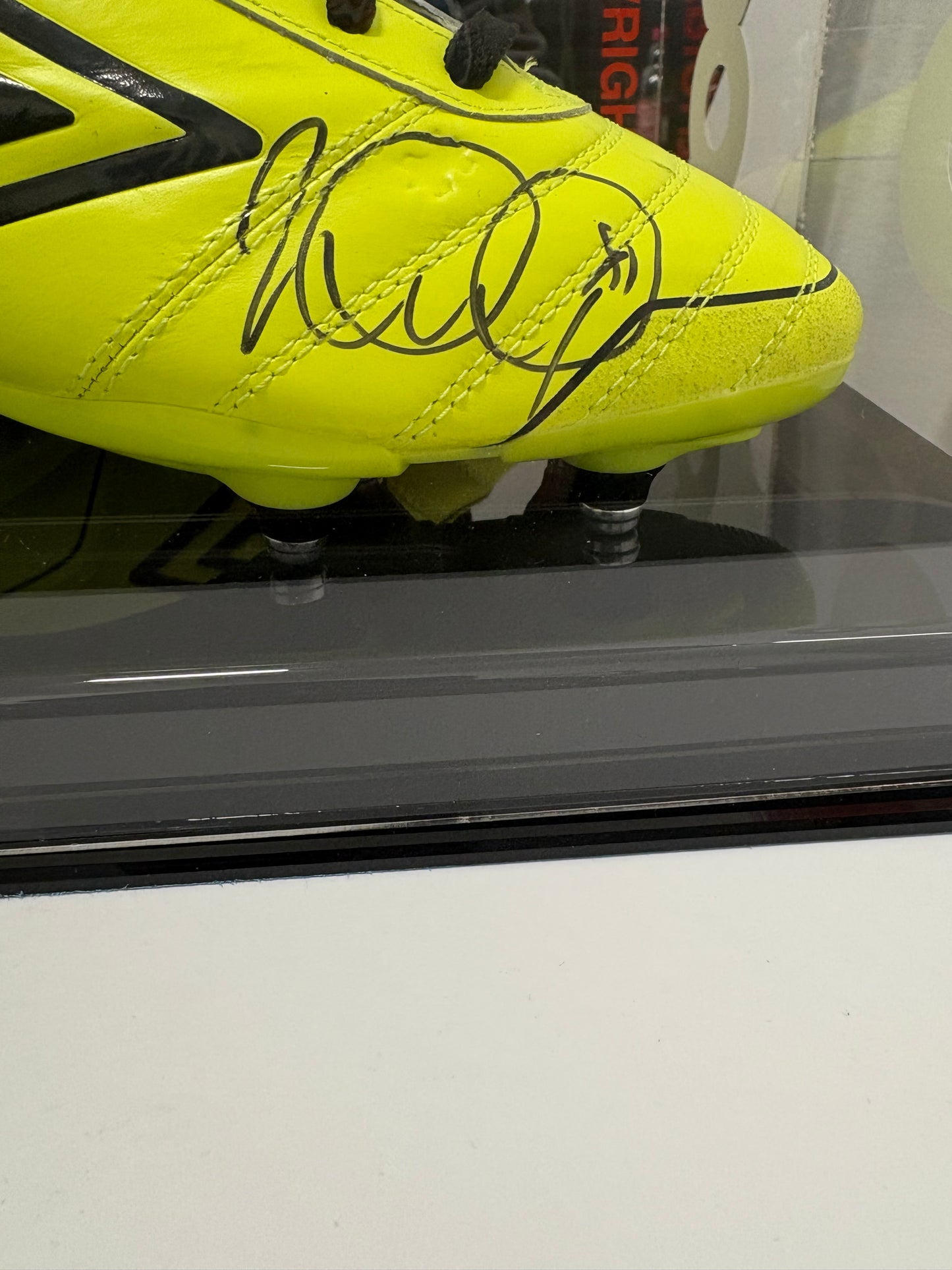 Ian Wright Signed Yellow Umbro Premio Football Boot In Acrylic Case with COA