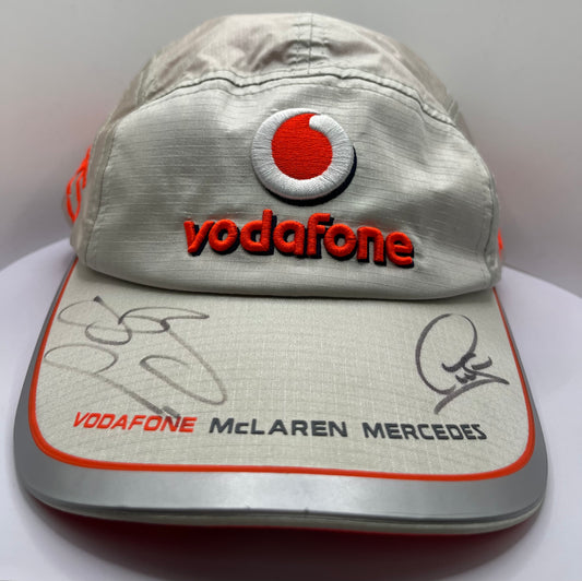 Lewis Hamilton & Jenson Button Signed Vodafone McLaren Mercedes Grey & Orange F1 Cap with COA