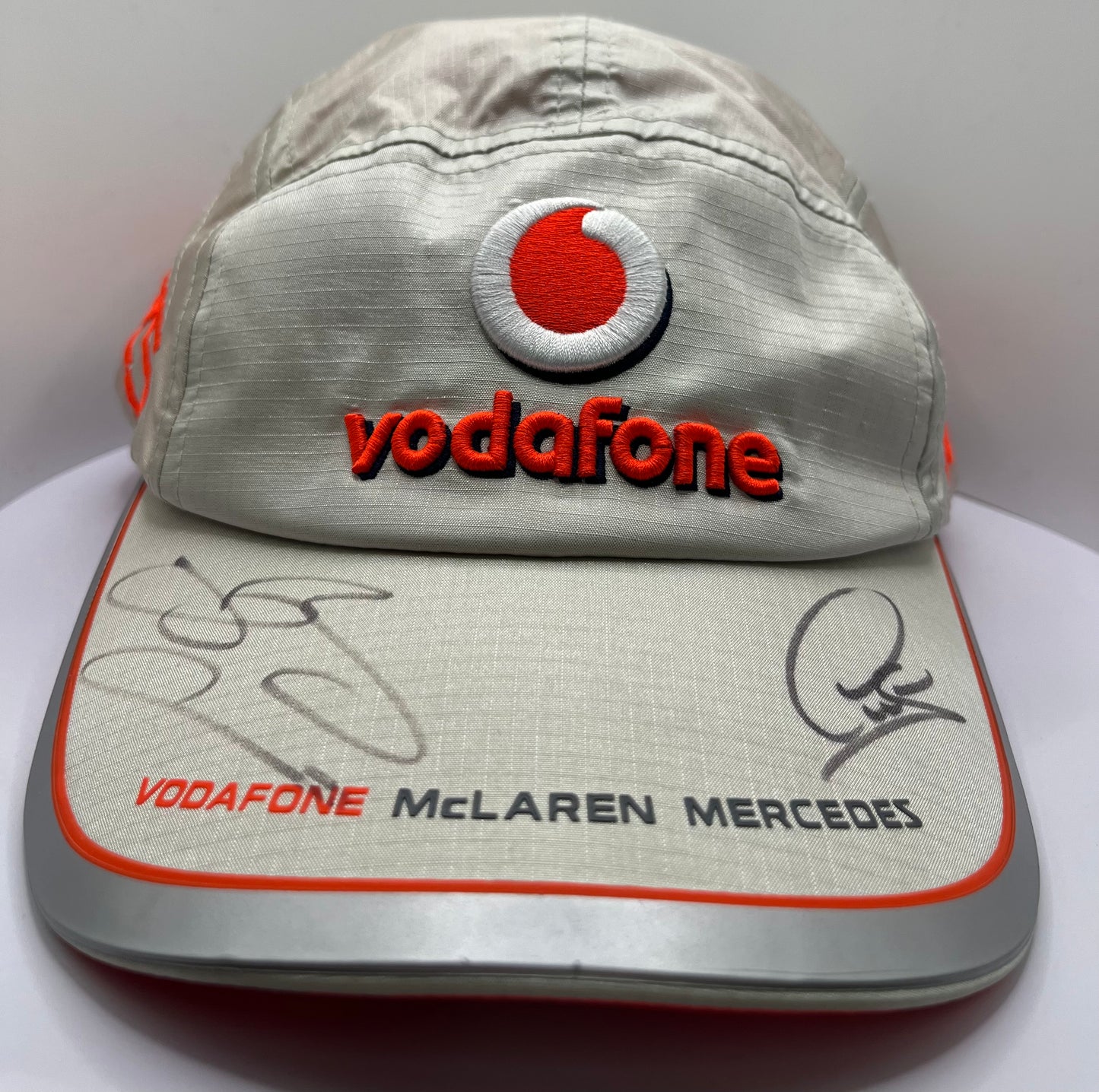 Lewis Hamilton & Jenson Button Signed Vodafone McLaren Mercedes Grey & Orange F1 Cap with COA