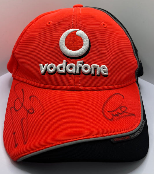 Lewis Hamilton & Jenson Button Signed Vodafone McLaren Mercedes Red & Black F1 Cap with COA