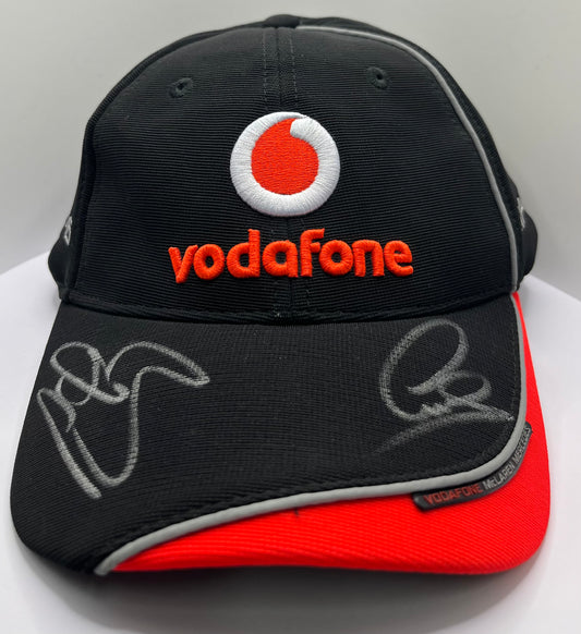 Lewis Hamilton & Jenson Button Signed Vodafone McLaren Mercedes Black & Red F1 Cap with COA