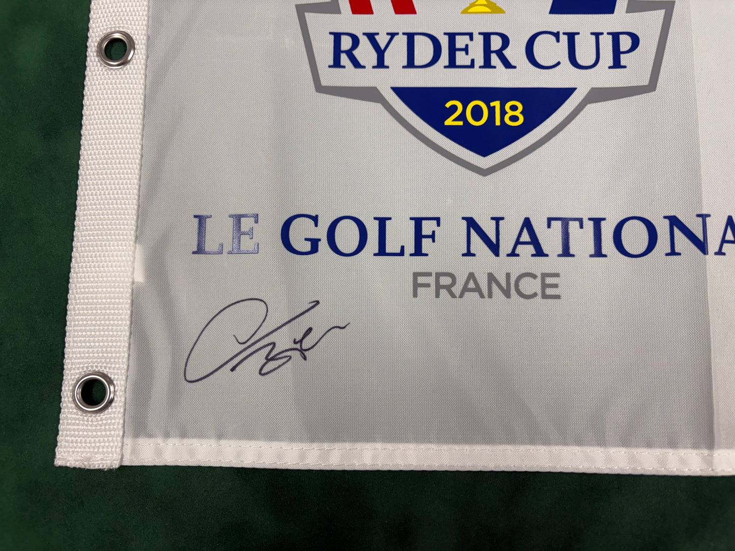 Thomas Bjørn Captain Signed 2018 Ryder Cup at Le Golf National 18th Hole Golf Flag + Cert