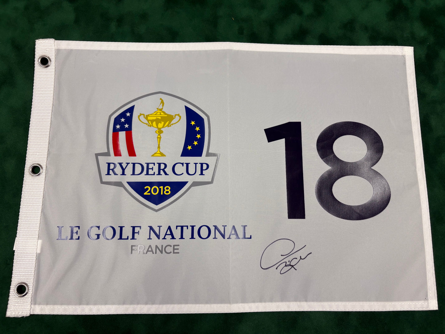 Thomas Bjørn Captain Signed 2018 Ryder Cup at Le Golf National 18th Hole Golf Flag + Cert