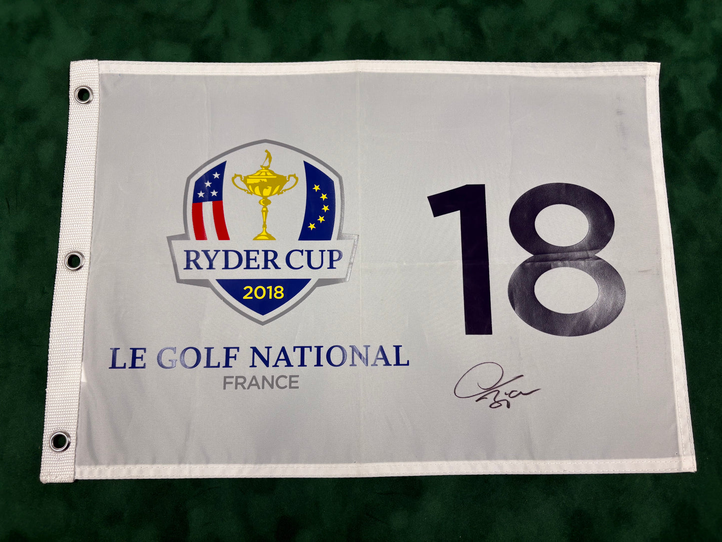 Thomas Bjørn Captain Signed 2018 Ryder Cup at Le Golf National 18th Hole Golf Flag + Cert