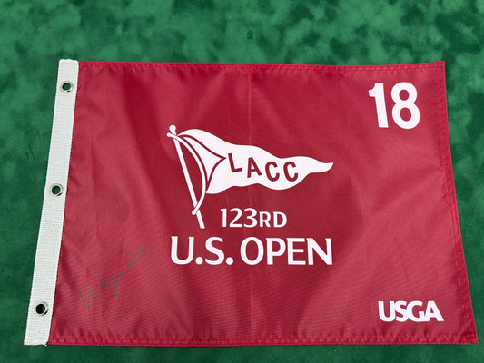 Wyndham Clark Winner Signed 123rd US Open at LACC Burgundy Golf Flag + Dealer COA (Red Screen Printed Version)