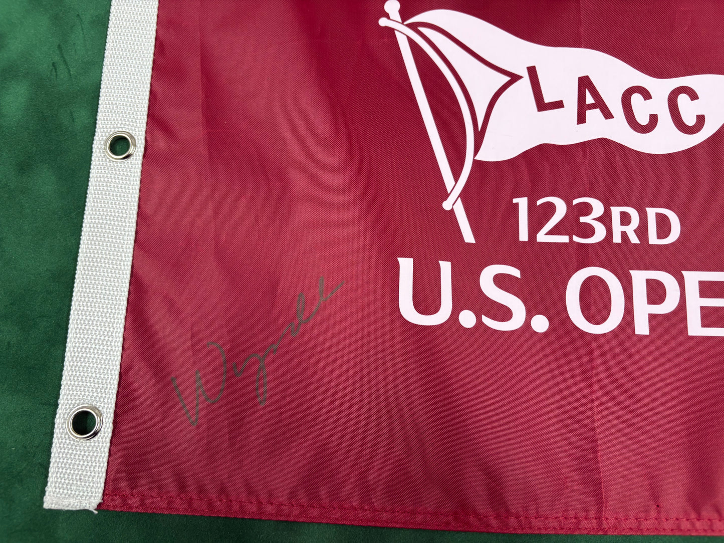 Wyndham Clark Winner Signed 123rd US Open at LACC Burgundy Golf Flag + Dealer COA (Red Screen Printed Version)