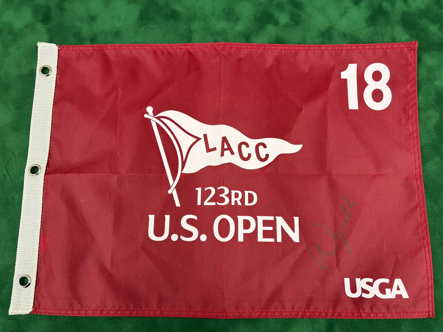 Wyndham Clark Winner Signed 123rd US Open at LACC Burgundy Golf Flag + Dealer COA