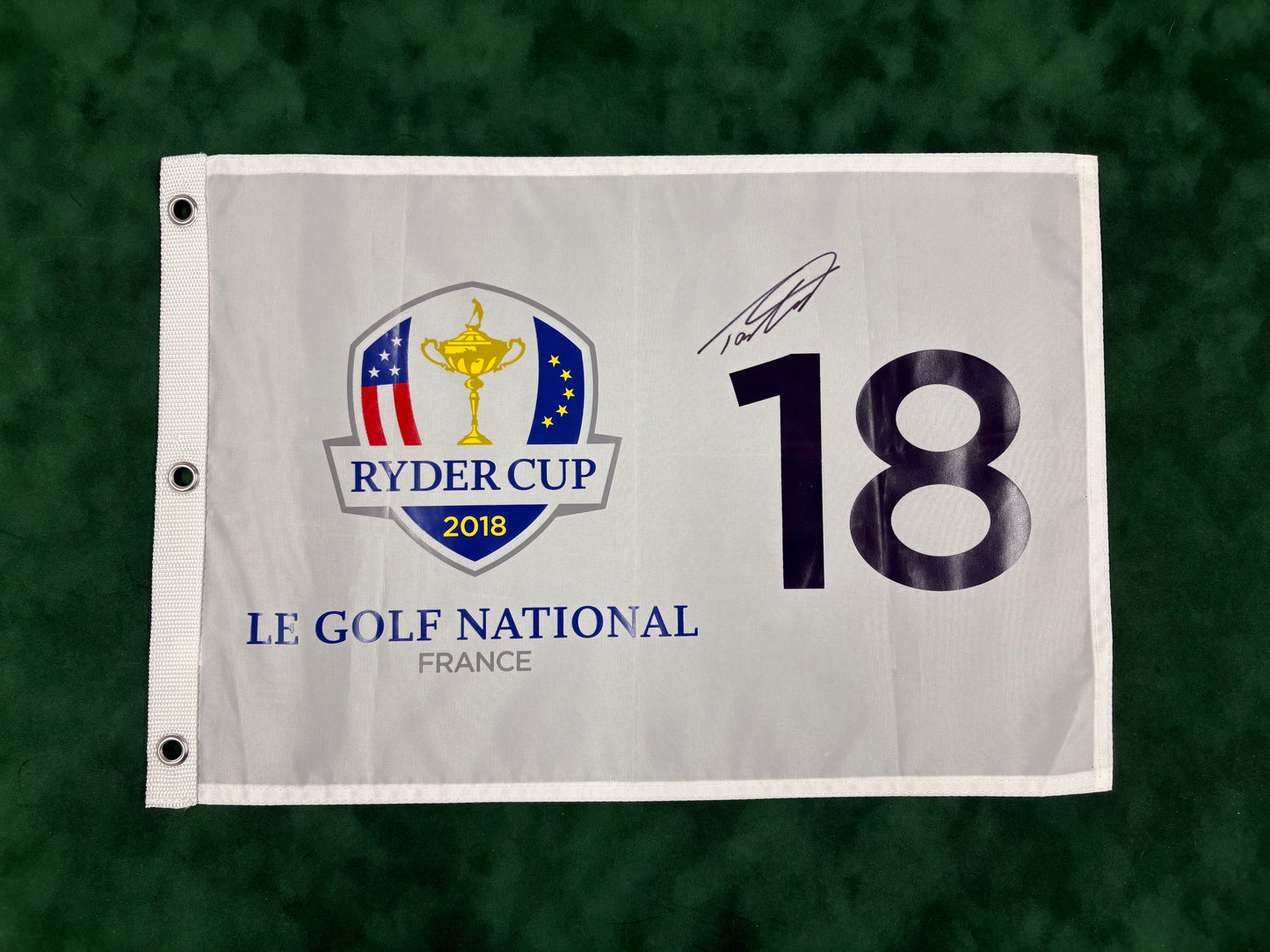 Tommy Fleetwood Signed 2018 Ryder Cup at Le Golf National Golf Pin Flag + Dealer COA