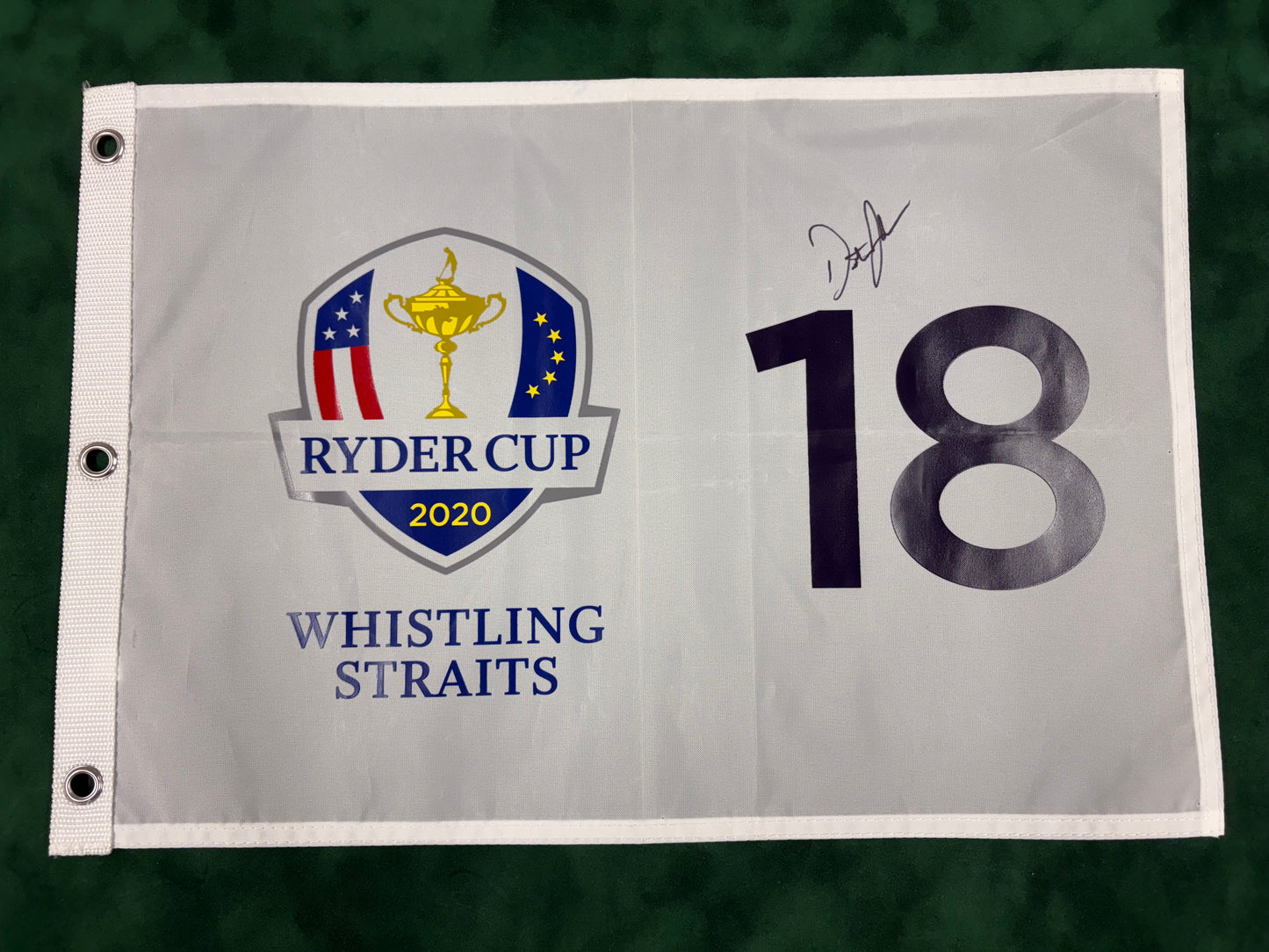 Dustin Johnson Signed 2020 Ryder Cup at Whistling Straits 18th Hole Golf Pin Flag + Dealer COA