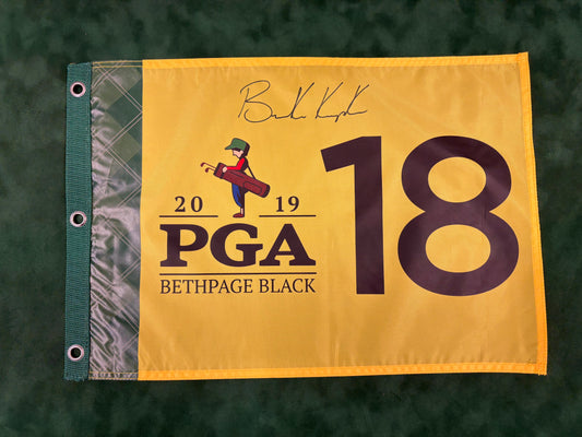 Brooks Koepka Winner Signed 2019 PGA Championship at Bethpage Black Yellow Golf Flag + Dealer COA JSA Witness