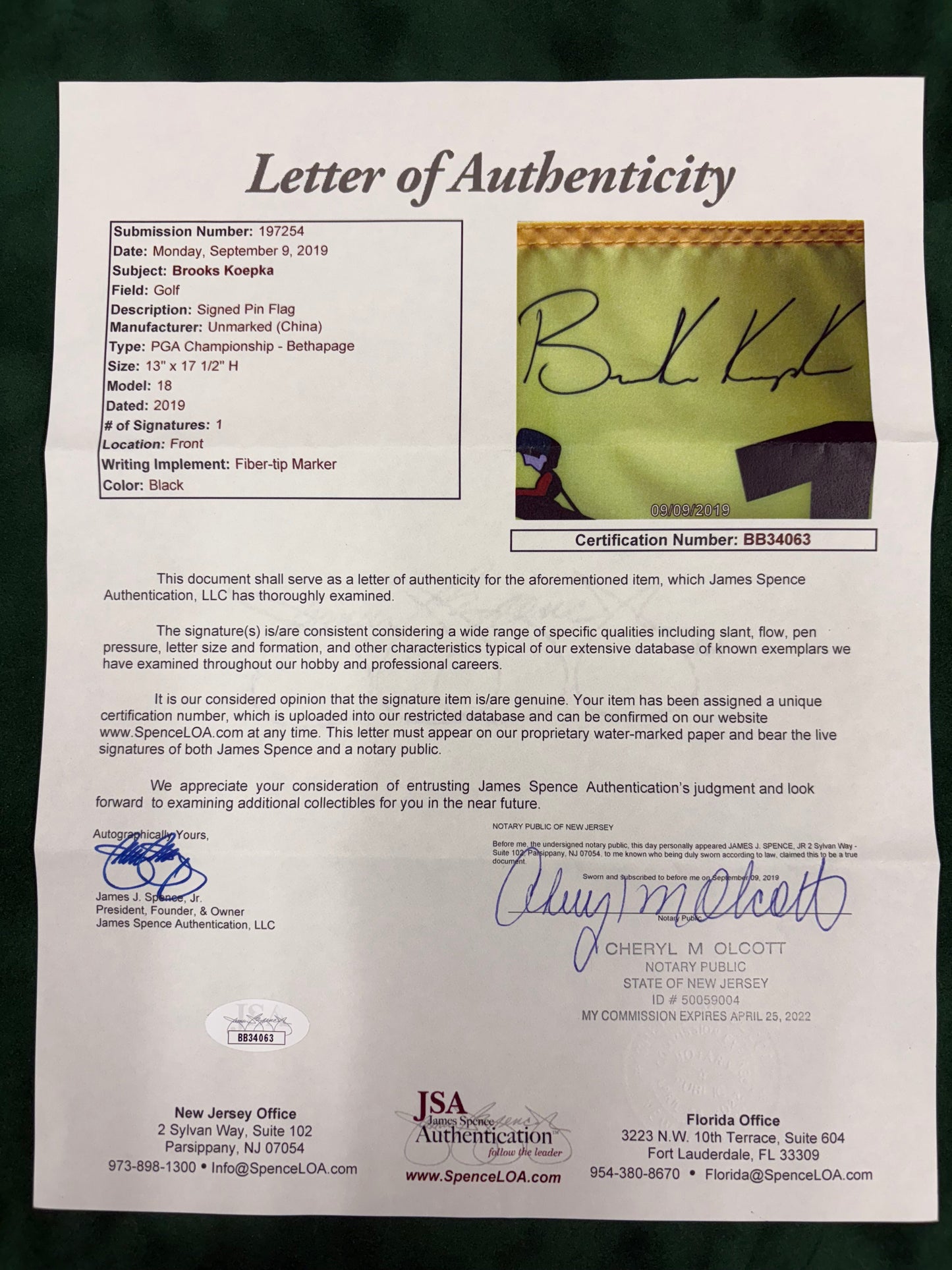 Brooks Koepka Winner Signed 2019 PGA Championship at Bethpage Black Yellow Golf Flag + Dealer COA JSA Witness