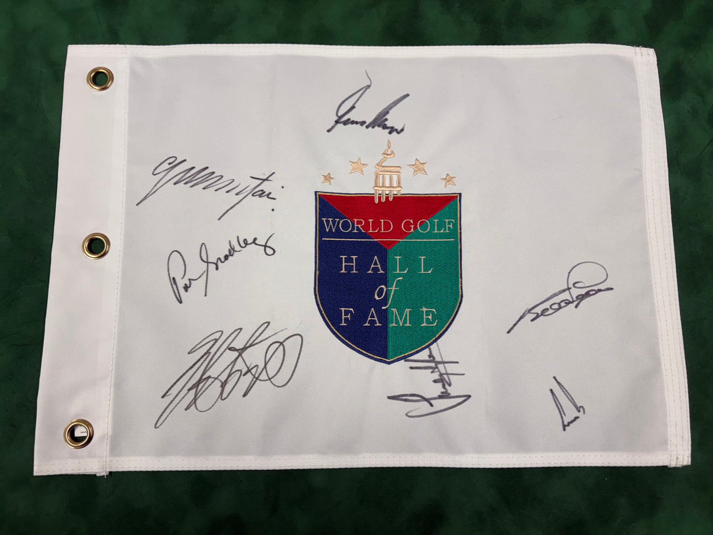 World Golf Hall of Fame Signed Golf Flag (Player, Lyle, Els, Bradley, Montgomerie, Langer, Aoki) + Cert
