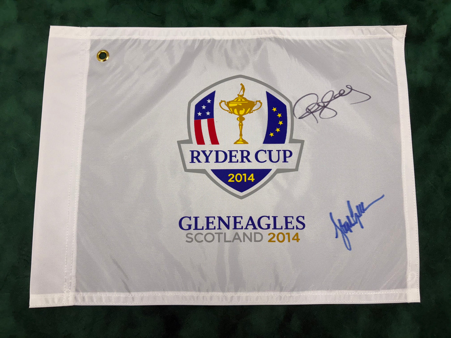 Paul McGinley (2014 Captain) & Stephen Gallacher Signed 2014 Ryder Cup at Gleneagles Golf Flag + Dealer COA