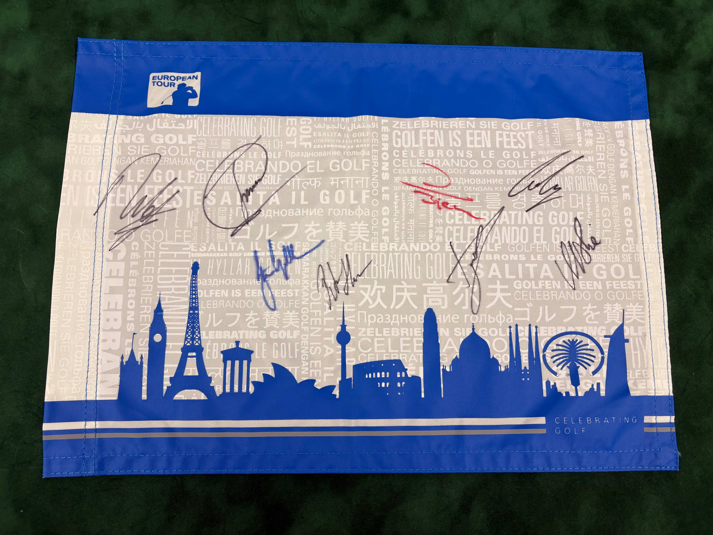 Multi Signed European Tour Golf Flag (Molinari, Bjørn, Colsaerts, Donald) + Cert