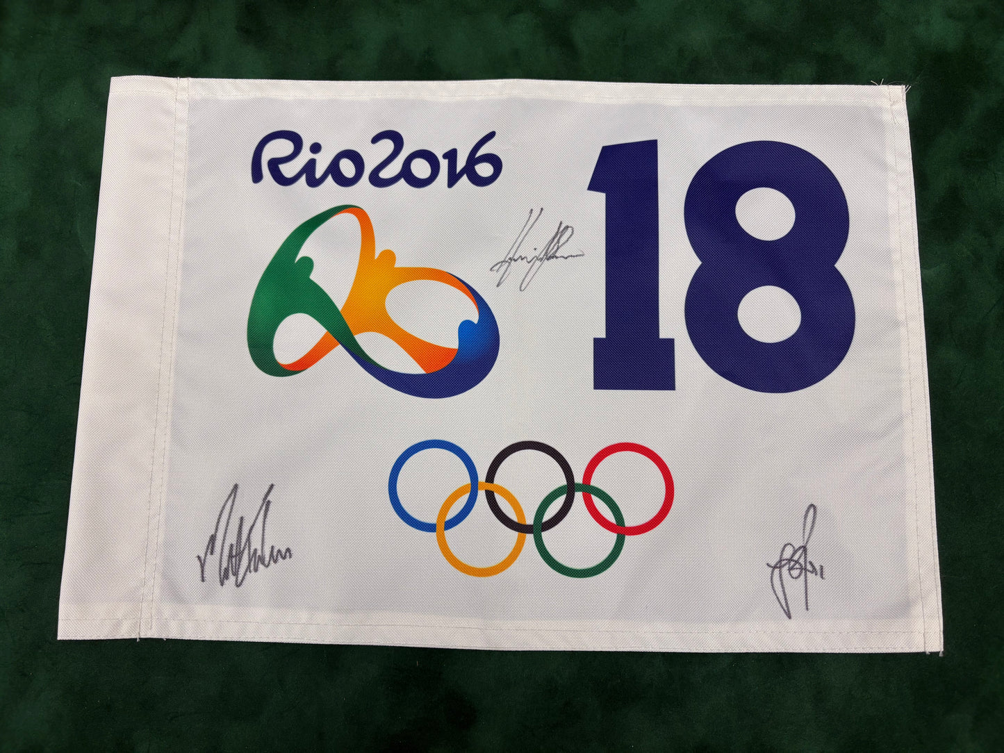Justin Rose, Henrik Stenson, Matt Kuchar Signed 2016 Rio Olympics Golf Pin Flag + Dealer COA