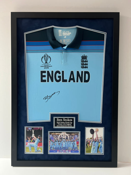 Ben Stokes England Cricket Legend-(Greatest All-Rounder) Signed & Framed 2019 World Cup Shirt + Cert