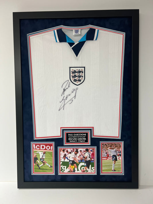 Paul Gascoigne 'Gazza' Signed & Framed Retro England Euro 96' Football Shirt + Cert