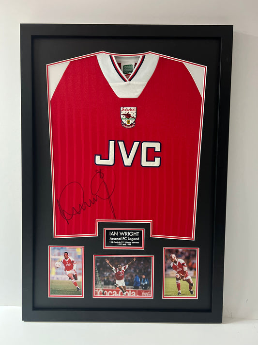 Ian Wright Arsenal Legend Signed & Framed Retro Football Shirt (Black) + Cert