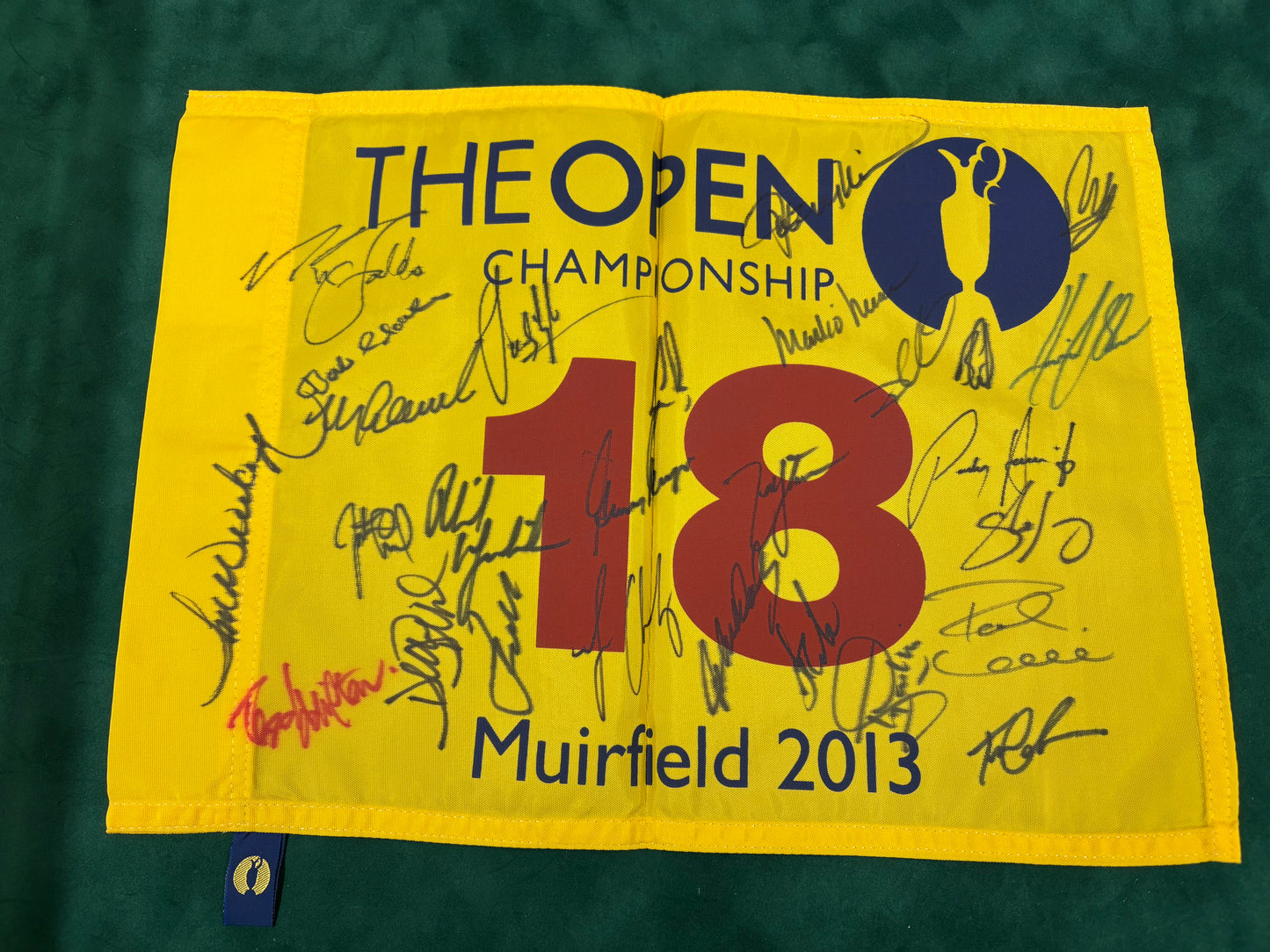 2013 Open at Muirfield Golf Flag Signed by 27 Champions Cink, Leonard, Els +Cert