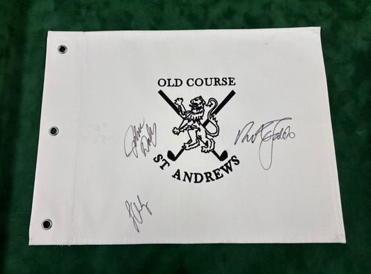 John Daly, Sir Nick Faldo & Louis Oosthuizen Signed St Andrews Old Course Golf Flag + Cert