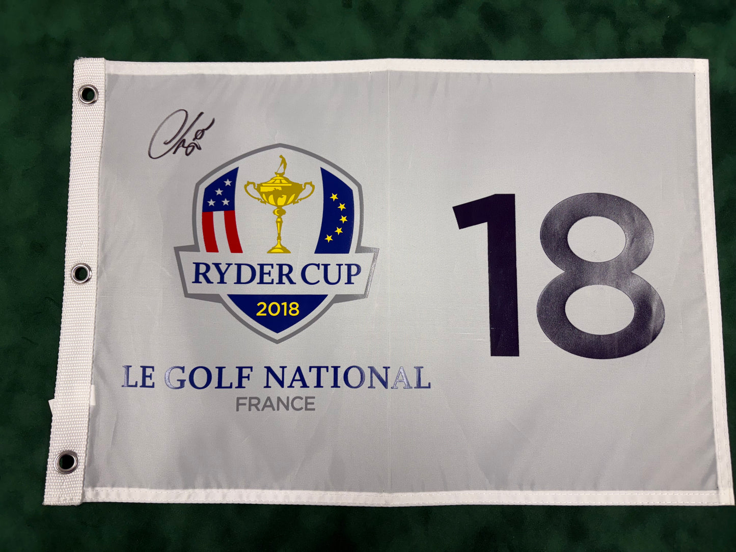 Thomas Bjørn Captain Signed 2018 Ryder Cup at Le Golf National 18th Hole Golf Flag + Cert