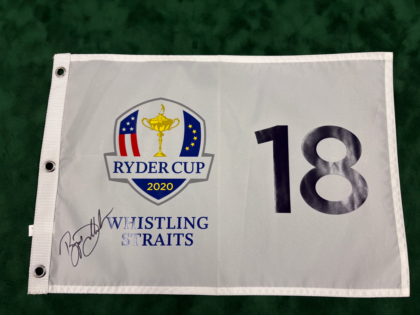 Bryson DeChambeau Signed 2020 Ryder Cup at Whistling Straits 18th Golf Flag + Cert