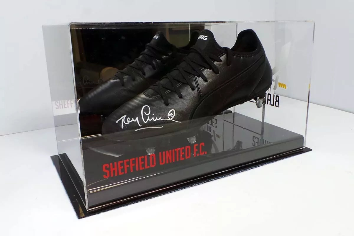 Tony Currie Signed Puma Football Boot In Acrylic Sheffield United Case with COA