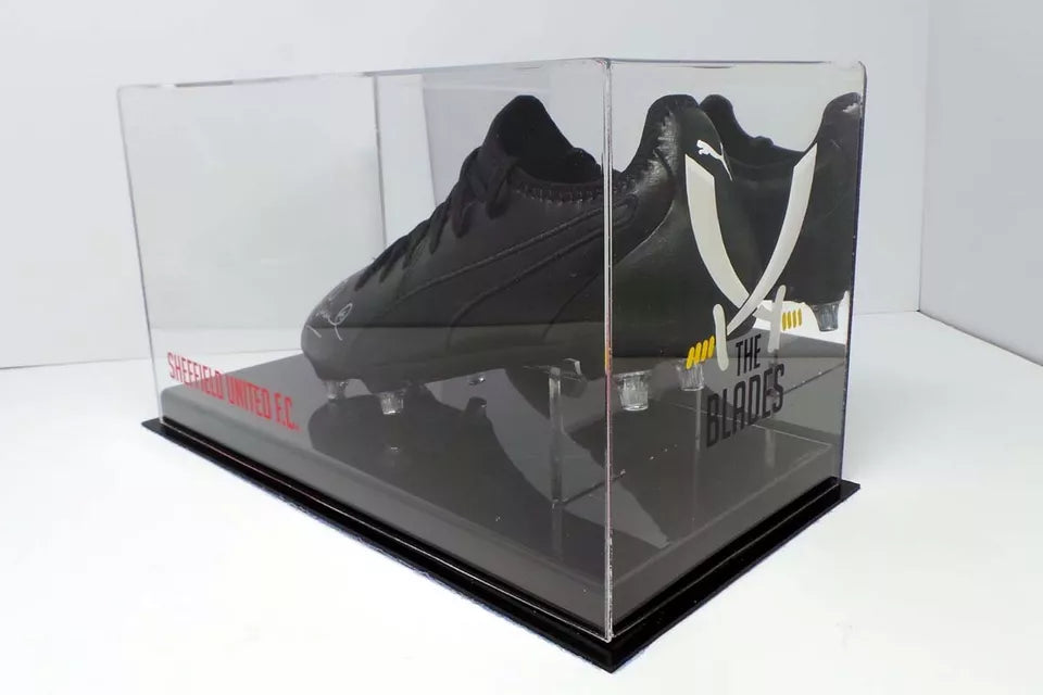 Tony Currie Signed Puma Football Boot In Acrylic Sheffield United Case with COA