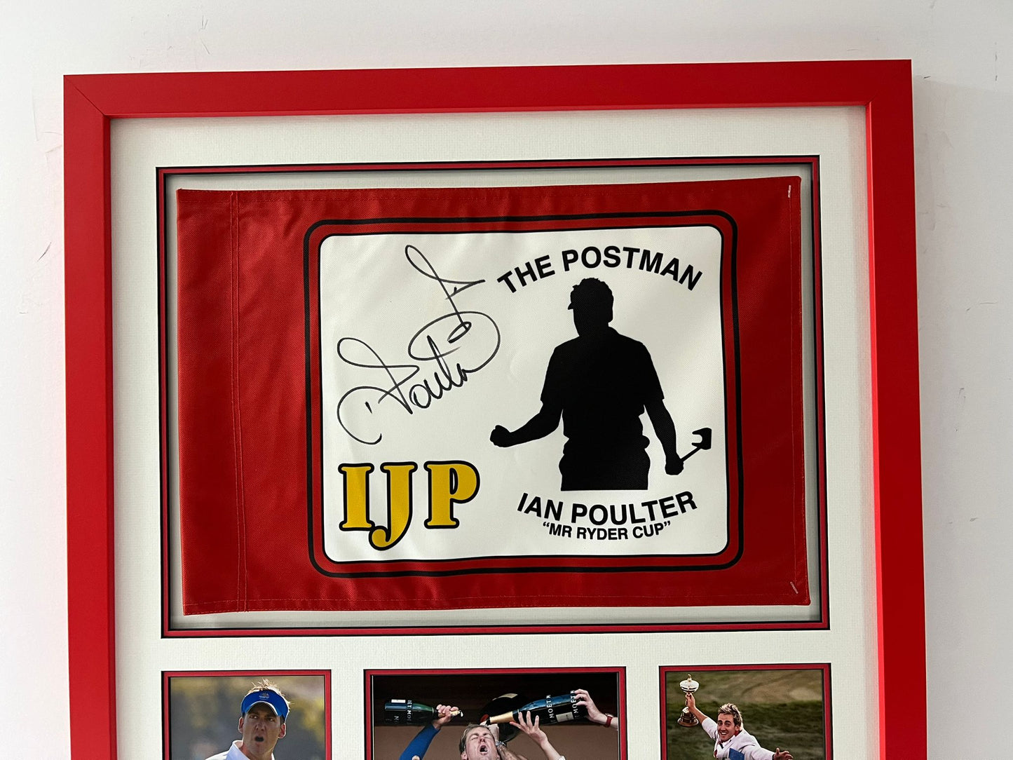 'The Postman' Ian Poulter Signed & Framed Golf Pin Flag Display + Dealer COA (Red Frame)
