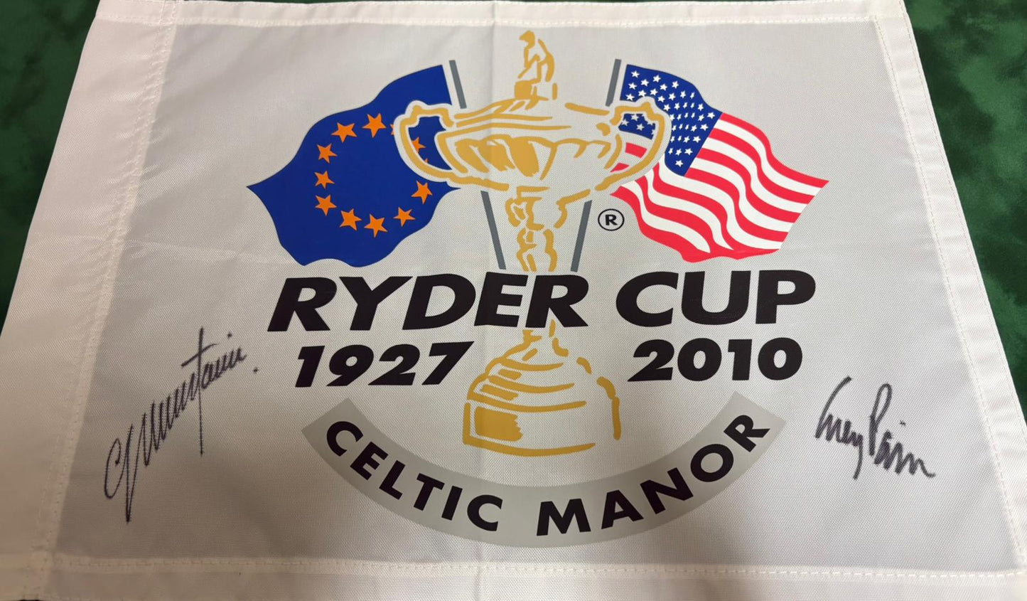 2010 Ryder Cup Captains Colin Montgomerie (Europe) & Corey Pavin (USA) Signed Golf Flag + Cert