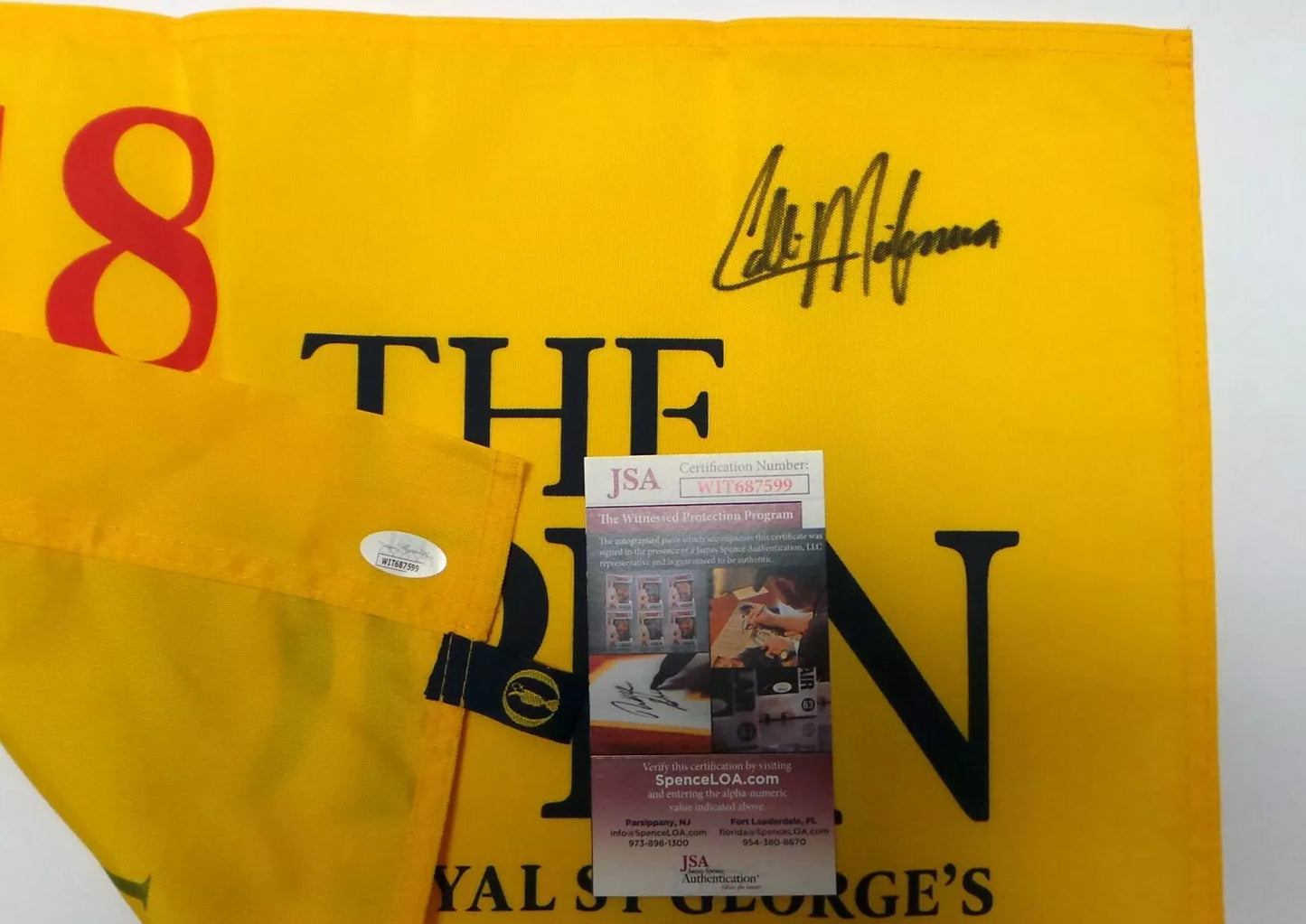 Collin Morikawa Winner Signed The Open at Royal St Georges Golf Pin Flag +Dealer COA JSA Witness