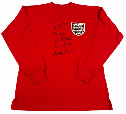 England 1966 World Cup Final Retro Football Shirt Signed by 5 Legends (Inc Peters, Hurst) + COA