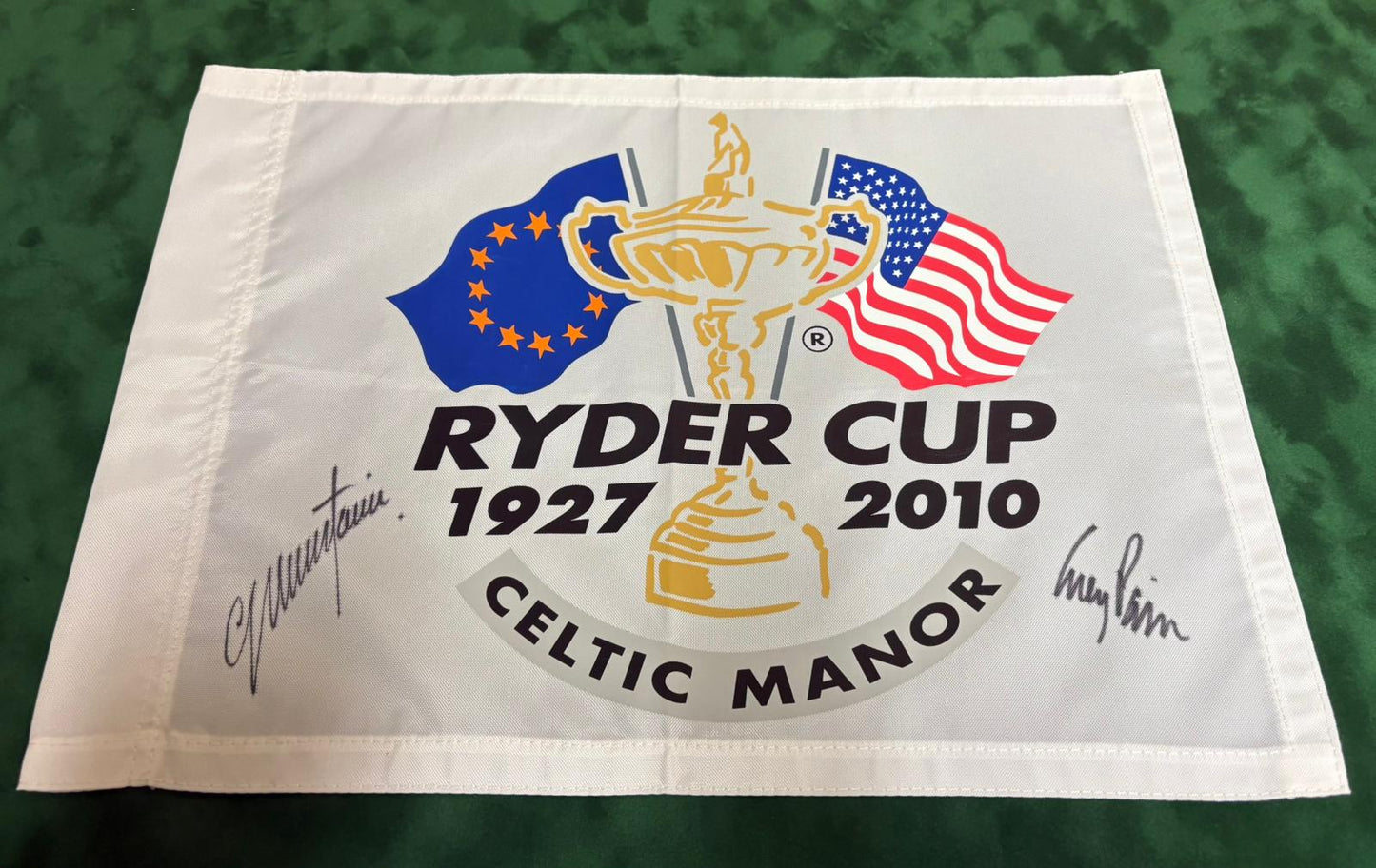 2010 Ryder Cup Captains Colin Montgomerie (Europe) & Corey Pavin (USA) Signed Golf Flag + Cert