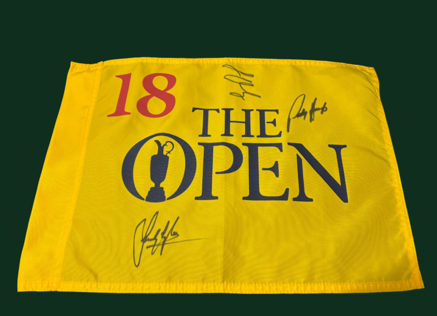 Open Winners: Padraig Harrington, Sandy Lyle and Louis Oosthuizen Signed Undated Open Golf Flag + Cert