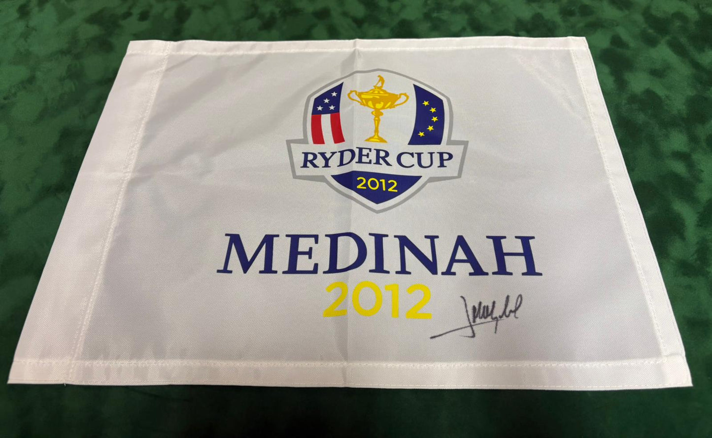 José María Olazábal Captain Signed 2012 Ryder Cup at Medinah Golf Flag + Dealer COA