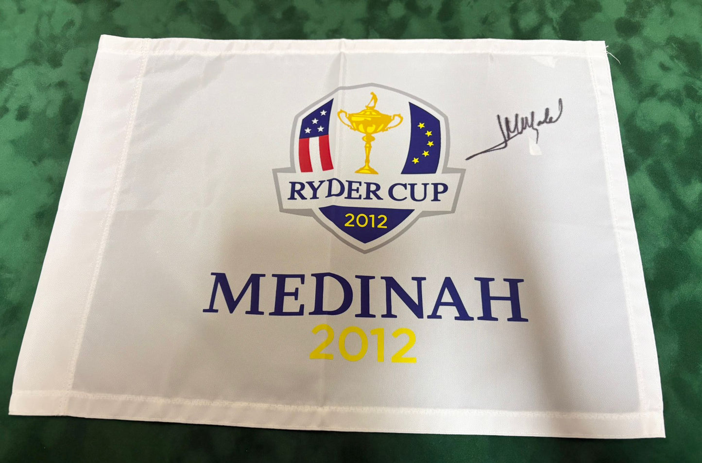José María Olazábal Captain Signed 2012 Ryder Cup at Medinah Golf Flag + Dealer COA