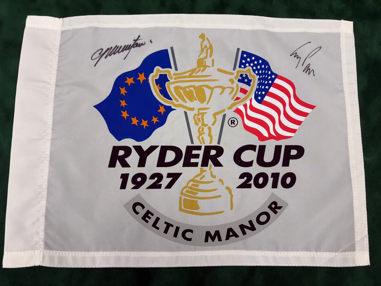 2010 Ryder Cup Captains Montgomerie (Europe) & Pavin (USA) Signed Golf Flag + Cert